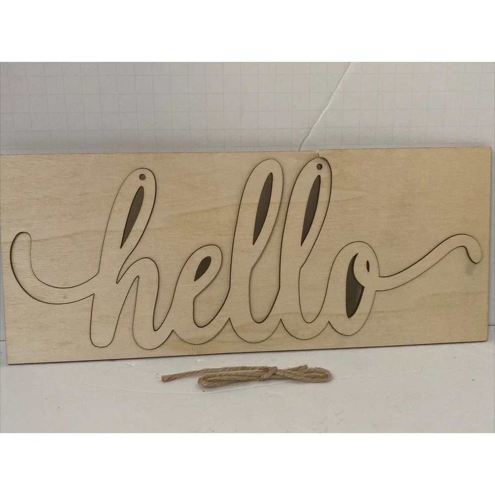 Vosarea Hello Wood Sign Wall Decoration Plaque Natural Unfinished 35x14cm